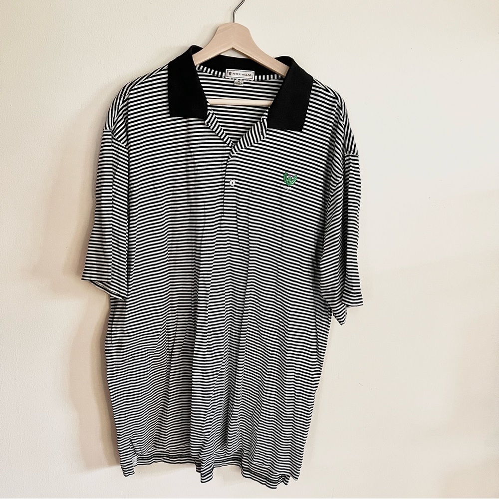 Peter Millar Men Polo Cotton Short Sleeve Black White Stripes Golf Size XL